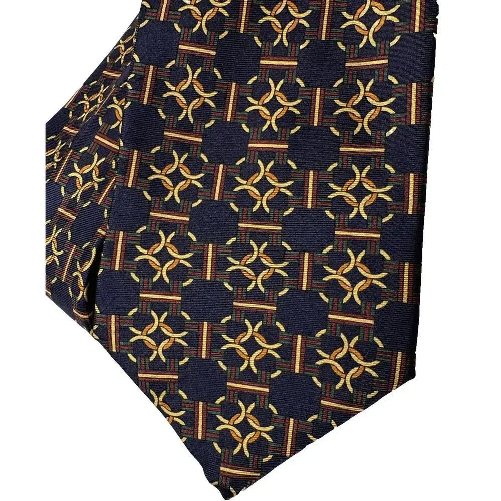 Ted Lapidus Silk Tie USA‎ Navy Blue Gold Yellow Burgundy Circle Chain 4